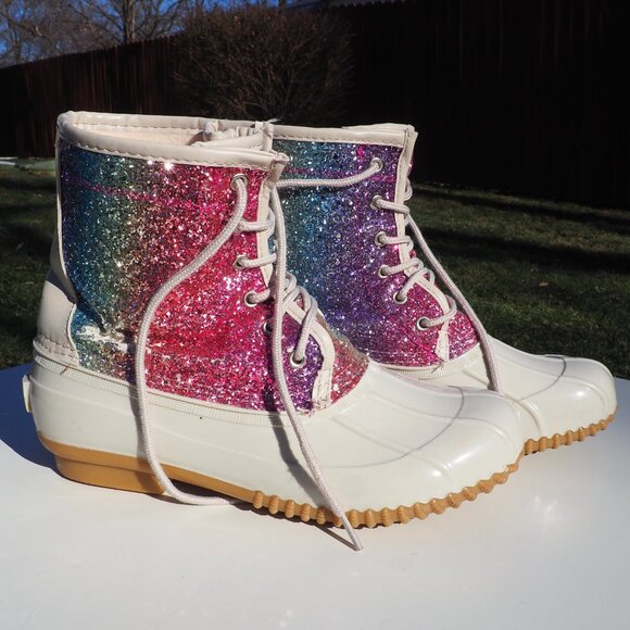 Sugar Women's Rainbow Sparkle Glitter Duck Boots Size 9 - Picture 2 of 10